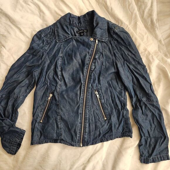 Level 99 Blue Moto Jean Jacket Full Zip  Size L Asymmetric - Picture 1 of 8